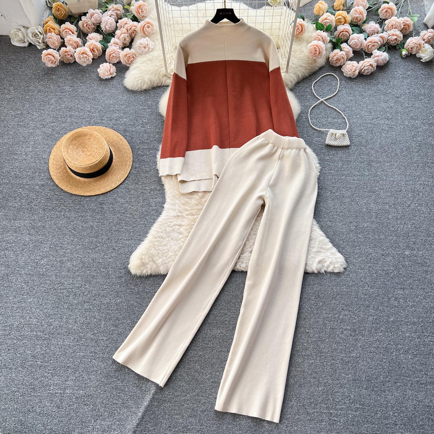 

Зима-Осень вязаный свитер, спортивный костюм, пуловер с длинными рукавами, топы и брюки, комплект из двух предметов, женская одежда высокого качества One Size оранжевый