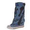 2025 Women's Canvas Trouser Leg Boots with Letter Graffiti - Pleated Slouchy Boots Unique Design