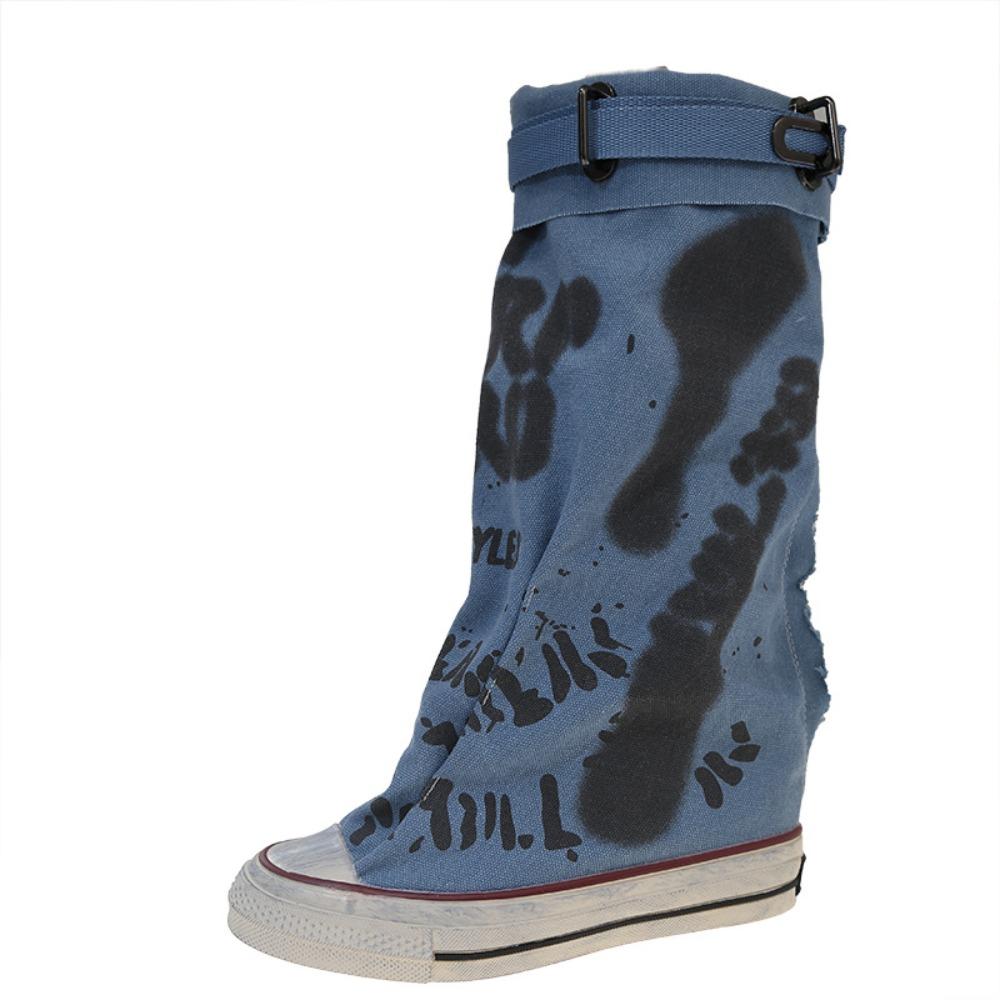 2025 Women's Canvas Trouser Leg Boots with Letter Graffiti - Pleated Slouchy Boots Unique Design