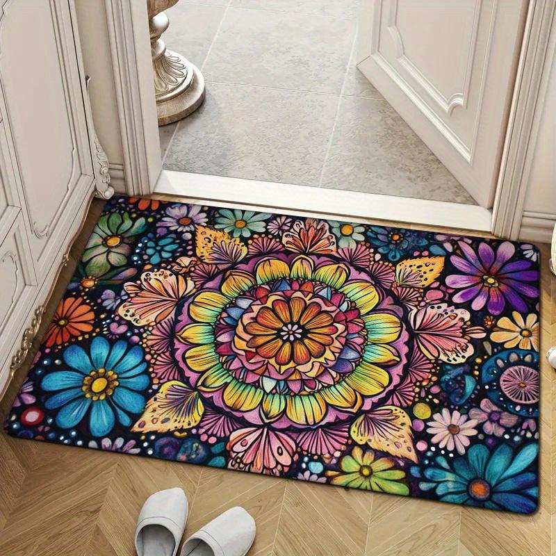 Flannel Thickness 0.47inch - 1pc Multicolor Mandala Door Mat, Black Base with Vibrant Symmetrical Pattern, Absorbent and Non-Sli
