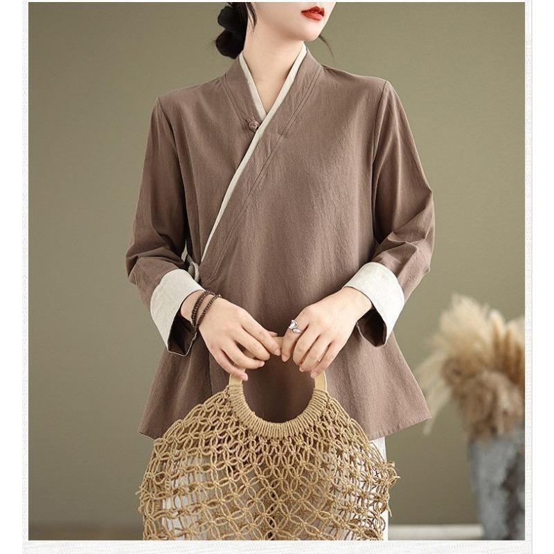 Damen Beige Wickelbluse Lässig V-Ausschnitt Leinenmischung Chinesischer Stil Krawatte Vorne Oberteil