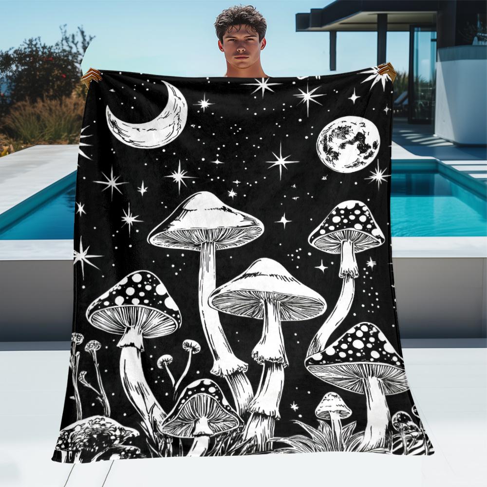 1pc Black white mushrooms moon stars cosmic space pattern soft flannel blanket throw blanket bohemian psychedelic decor 75x100cm (30x40inch)