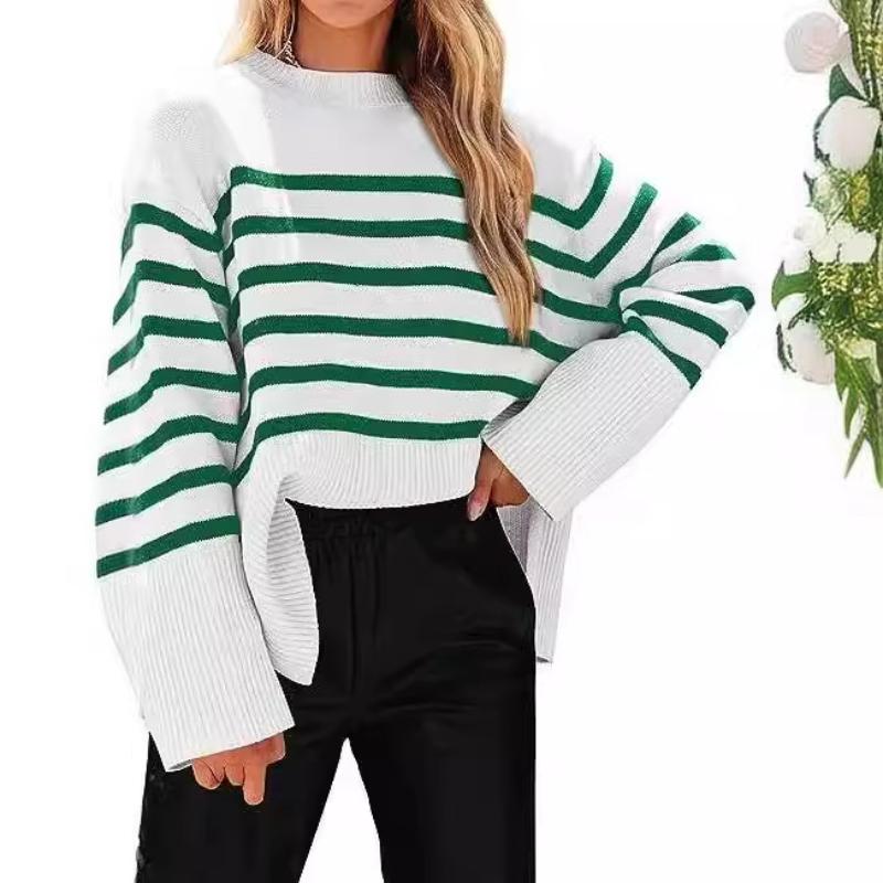 Women's Striped Drop Shoulder Sweater, Oversized Batwing Sleeve Knit Top with Soft Yarn, Boho Chic Loose Fit Pullover for Casual Wear
