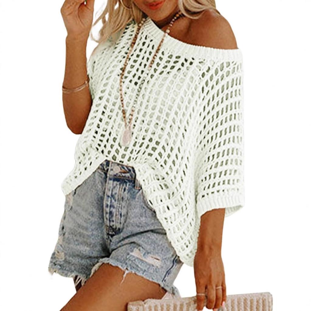 Women's Summer Knit Half Sleeve Sexy Cutout Hollow-out Pullover Beach Cover Up Top Sweater