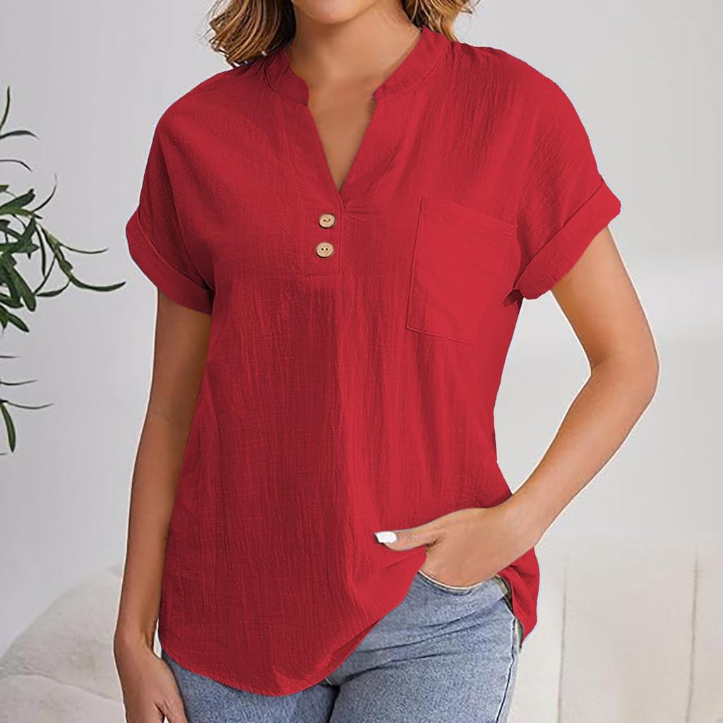 Women's Fashion Solid Color V Neck Button Pocket Short Sleeved Shirt Cotton Casual  T-shirt Top