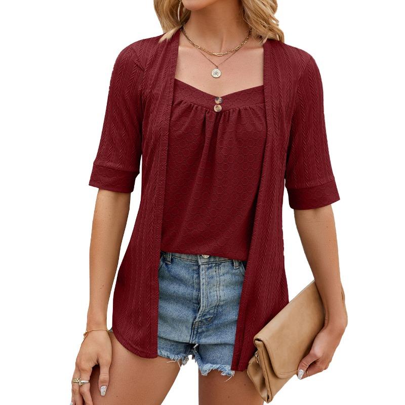 Camiseta Feminina de Verão Cor Sólida Decote Quadrado Costura Botão Manga Média