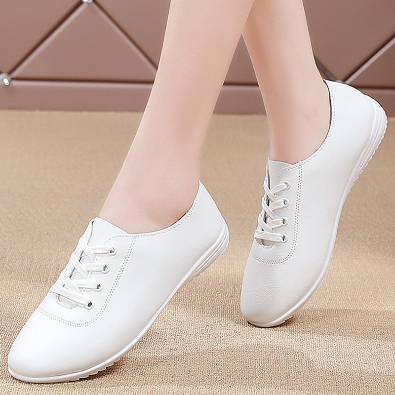 Female Ladies Women's Genuine Leather Flats Shoes Loafers Soft Moccasins Lace Up Comfortable White Shoes Luxury Flat Shoes Plus