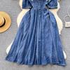 Fashion Summer Flower Print Soft Thin Denim Midi Dress Vintage Women V Neck Embroidery Floral High Waist Cowboy Office Dresses