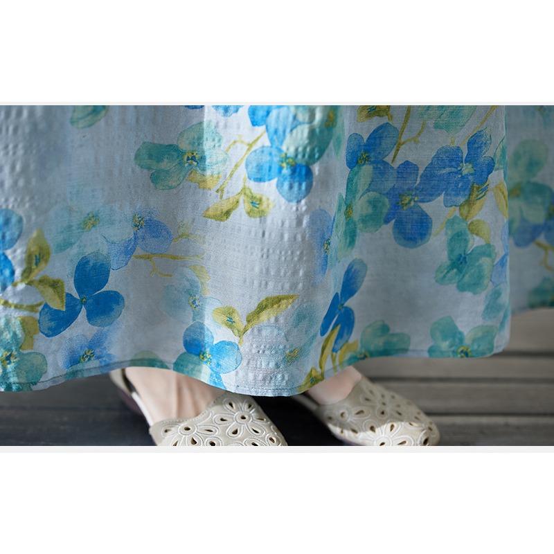 Cotton Linen Swing Long Dress Female Spring and Summer New Loose Thin Temperament Literary Retro Printing Long-sleeved Dresses