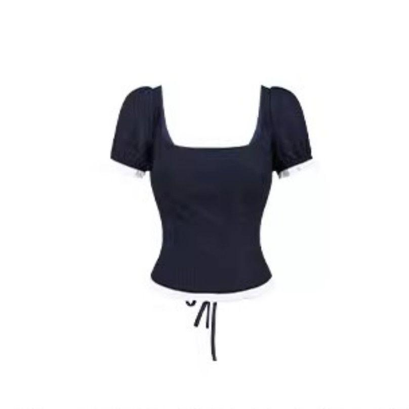 

Plus Size Summer Denim-Look Lace Square Neck Top & High Waist Wide Leg Pants Two-Piece Set S [Recommended for Under 95 lbs]