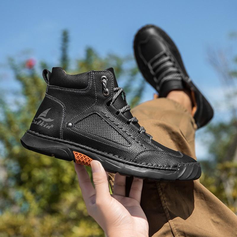 Women/ Men's PU Leather Boots, Men's Fashionable Handmade Stitched Ankle Boots, Flat Bottomed Lace Up Casual Shoes