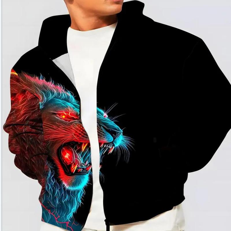 Jachetă casual cu glugă, imprimată digital 3D, pentru bărbați, cu design cu fermoar deschis, hanorac sport cu mâneci lungi, top pentru bărbați