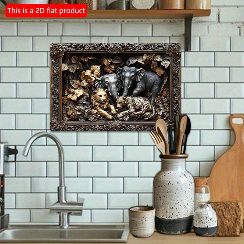 2D Flat Wooden Sign 30*20cm Vintage Elephant & Leopard Jungle Scene Wooden Wall Art Wooden Decorative Sign for Outdoor, Bathroom Decor Easy-to-Install