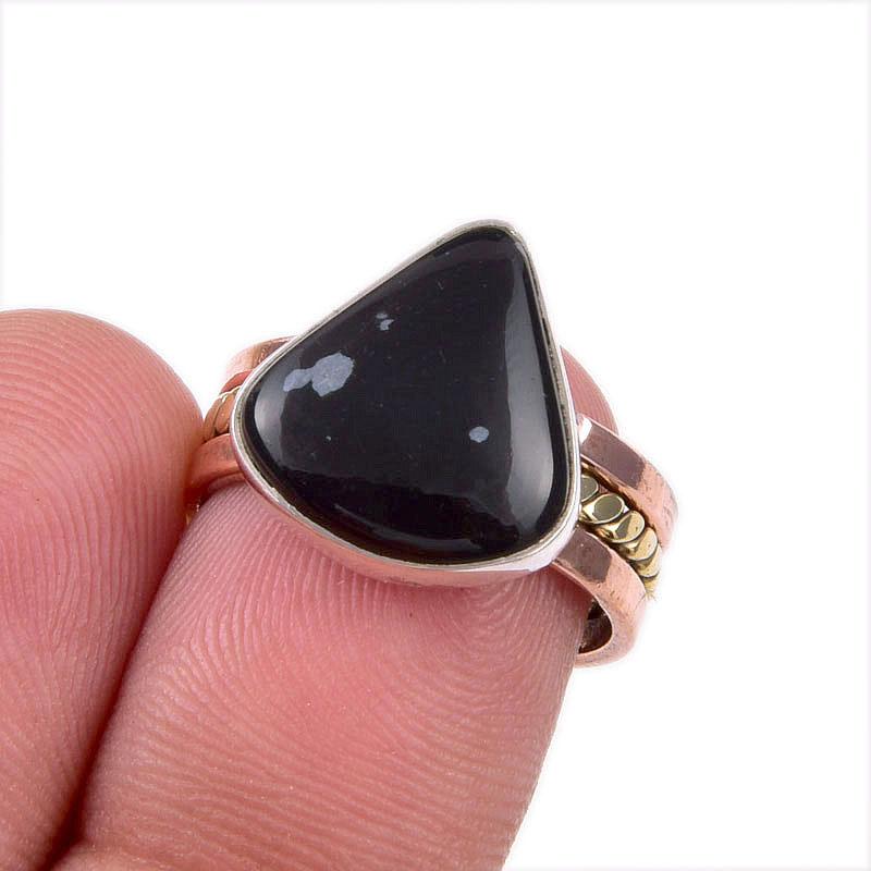 

Natural Snowflake Obsidian Gemstone 925 Sterling Silver Two Tone Ring S.6 U7f55