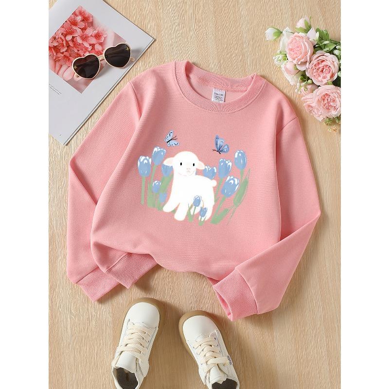 Kids Crewneck Sweatshirt, Cute Lamb Blue Tulips Butterfly Creative Print,Daily Casual Top for Spring & Autumn