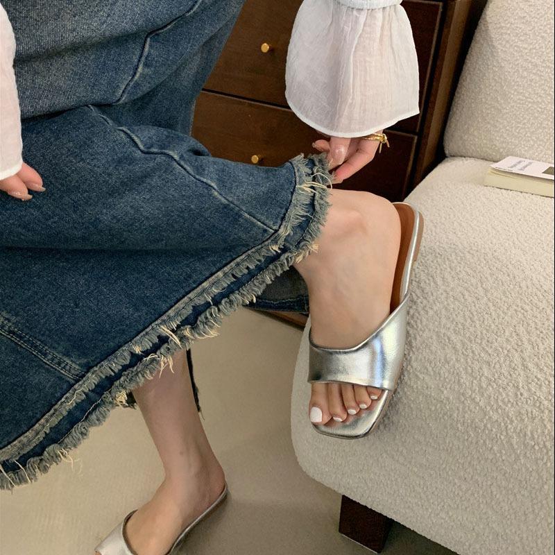 Women Flats Slippers Fashion Open Toe Ladies Outdoor Beach Vacation Sandal Summer Women's Silvery Shoes Casual Square Toe Slides