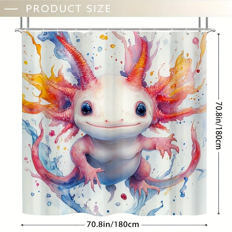 1Pc Axolotl Shower Curtain - Colorful Splashes, 71X71 Inch, Polyester, 12 Hooks, Whimsical Cartoon Design, Hand Wash
