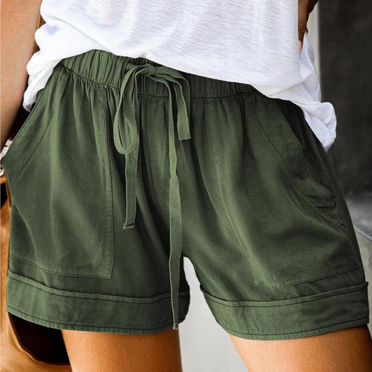 Women Summer Casual High Waisted Elastic Drawstring Shorts with Big Pockets Solid Lace Up Loose Wide Leg Pants