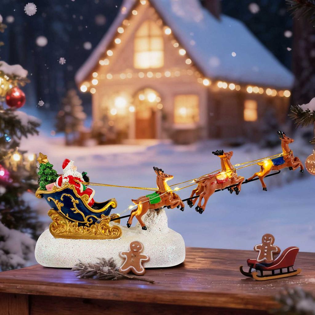 Santa Sleigh with Reindeer LED Lighted, Christmas Village Accessories, Collectible Decoration, Holiday Decor, Xmas Tabletop