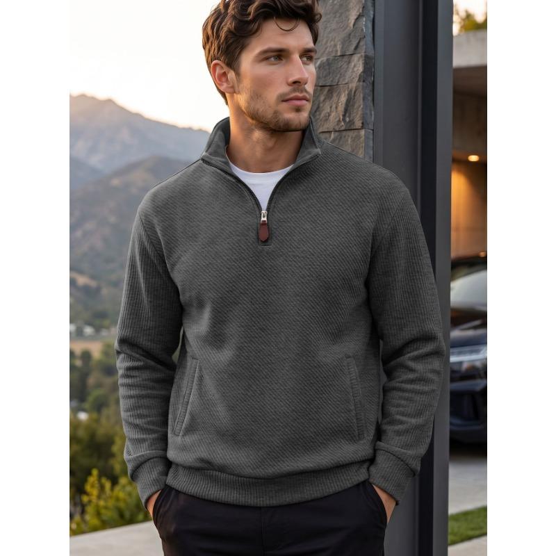 Men S Jacquard Stand Collar Pullover Sweatshirt With Zipper Pocket