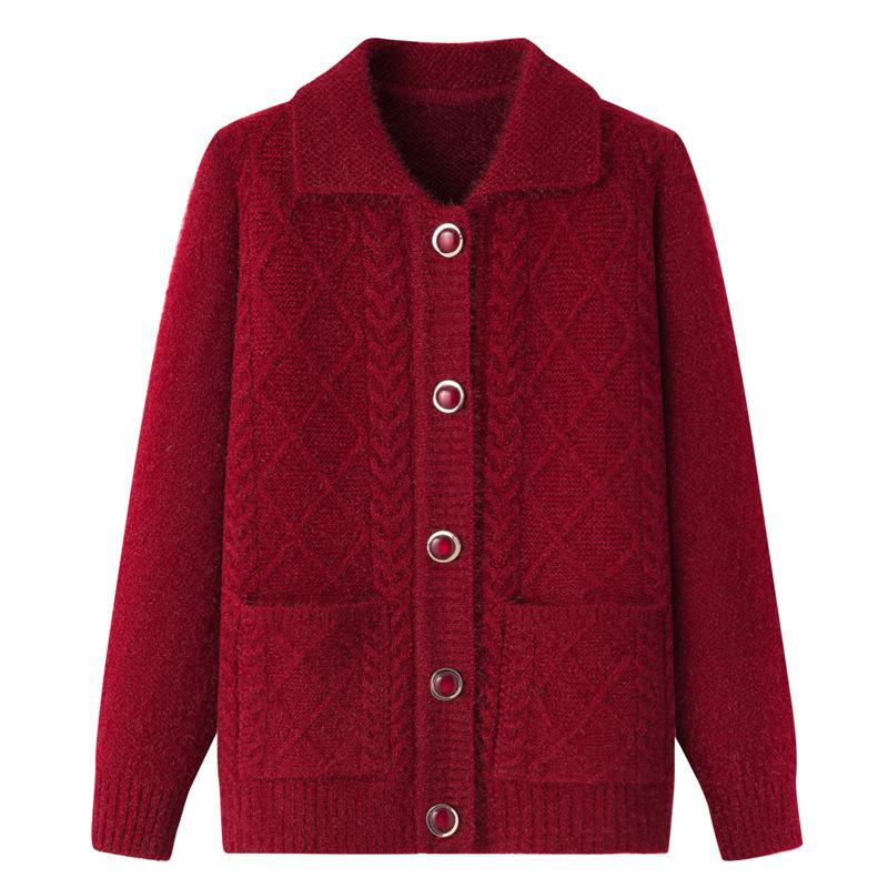 Women's Spring and Autumn Lapel Knitted Jacket Middle-aged and Elderly Solid Color Comfortable Casual Sweater