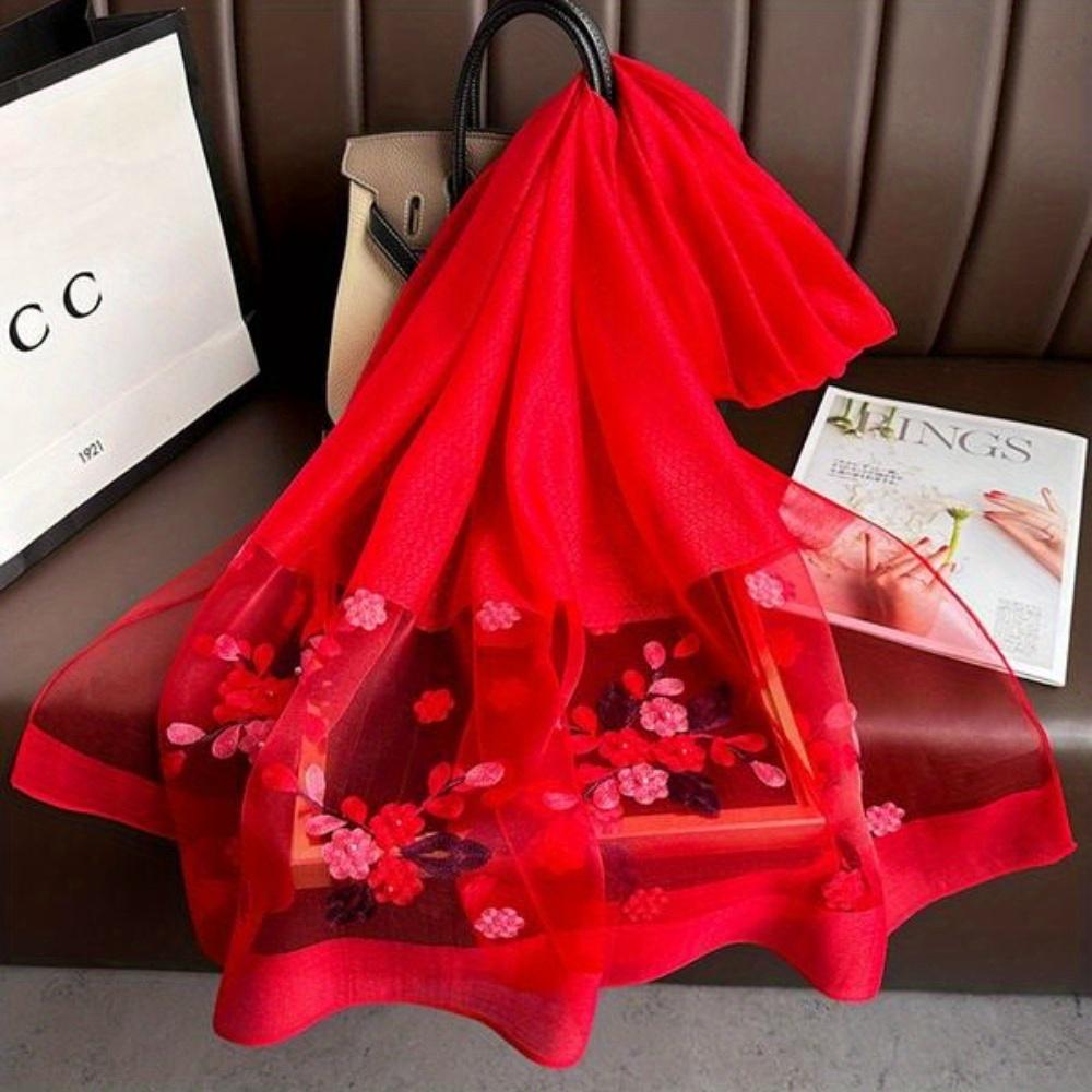 Elegant Floral Embroidered Silk Scarf For Women, Stylish Sunscreen Beach Shawl With Beaded Trim, Bohemian Windproof Must-Have