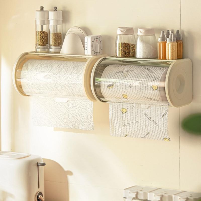 Wall Mount Paper Towel Storage Rack Napkin Holder with Clear Lid Convenient Tissue Dispenser for Kitchen and Bathroom