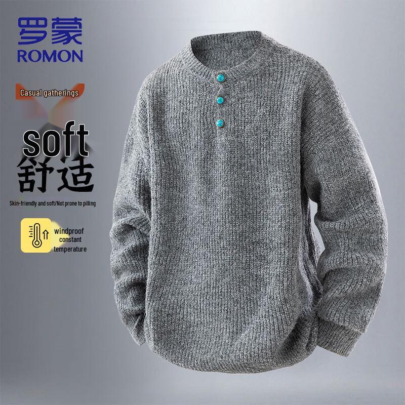 ROMON Men's Faux Two-Piece Round Neck Pullover Sweater