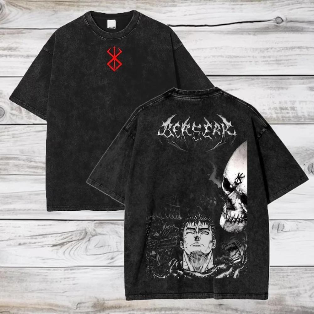 Berserk Guts Brand of Sacrifice Vintage Wash Anime Oversized Graphic T-Shirt, Heavy Metal Dark Fantasy Manga Streetwear