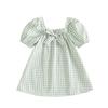 Toddler Girls Summer Dress Fashionable Short Sleeve Square Collar Bow Decorated Plaid Dress
