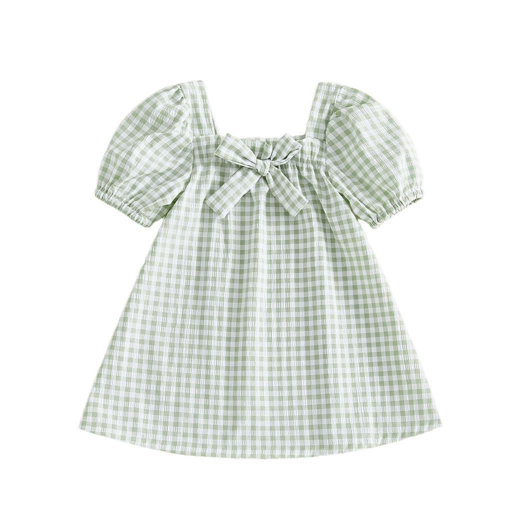 Toddler Girls Summer Dress Fashionable Short Sleeve Square Collar Bow Decorated Plaid Dress