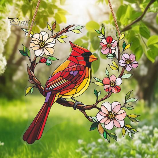 Durable Wall Hanging 1/2Pcs Acrylic Red Bird Decoration, Standing on Flower Pastoral Home Decor Branch Ornament, Indoor Outdoor Window Theme Garden