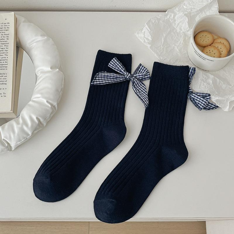 5 Pairs of Female Spring and Summer Preppy Bow In The Tube Pile Socks