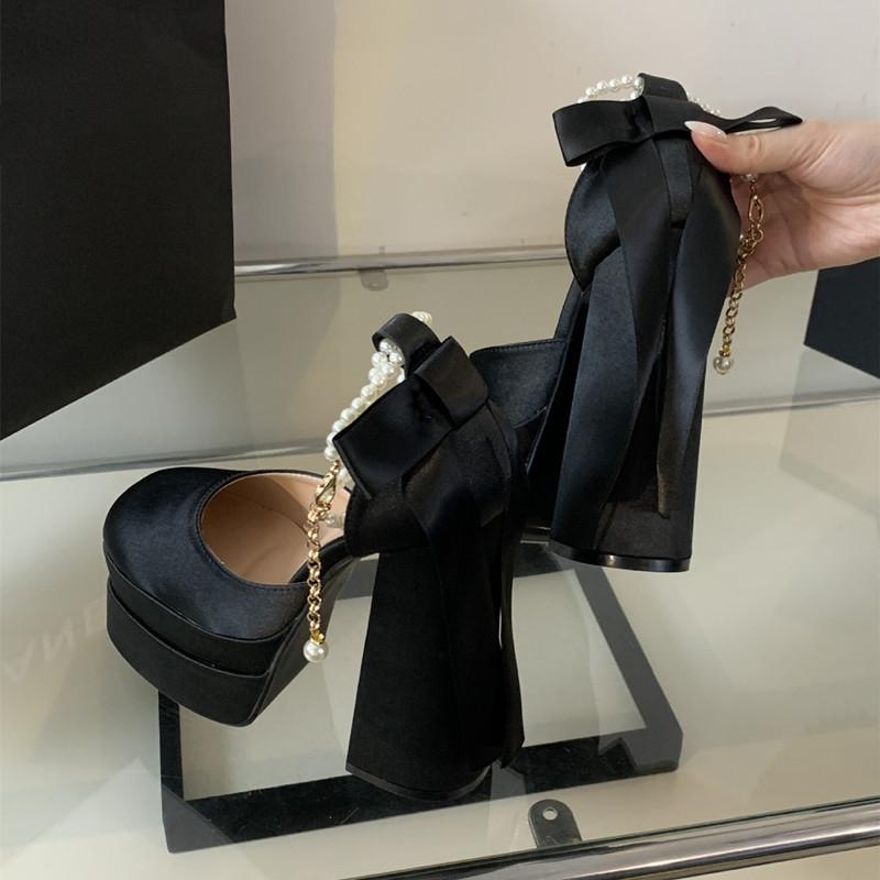 Fashion Runway Style Luxury Pearls Rhinestones Satin Bowknot Women Pumps Summer Fashion Platform Wedges 14CM Ultra High Heels Pary Shoes