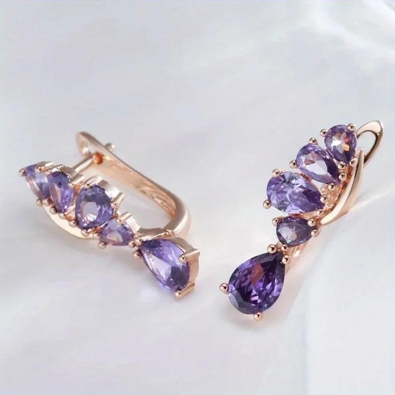 Luxusní Elegantní Dámské Visací Náušnice ve Tvaru Kapky Vody s Vloženým Syntetickým Ametystem Nádherné Svatební Večírkové Šperky Doplňky