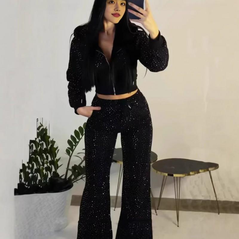 Y2K Rhinestone Zip Up Hoodie Short Sweatpants Set Streetwear Women