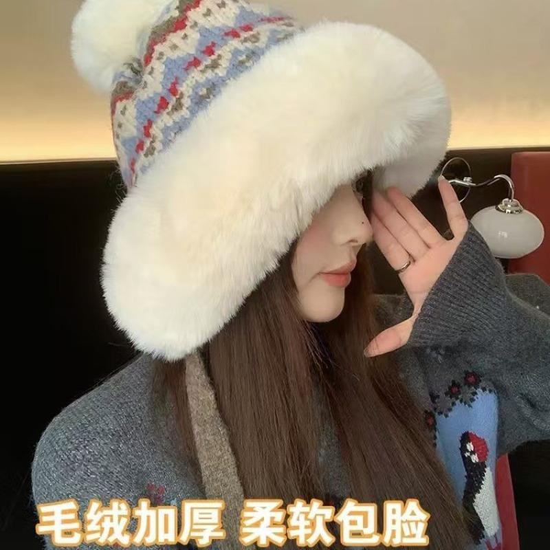 Hat Women's Autumn and Winter Color Knitted Plush Warm Lei Feng Hat Windproof Ear Protection Pullover Basin Hat Tide
