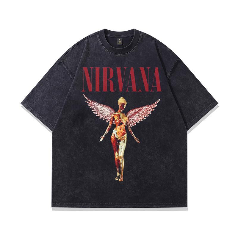 Men'S Pure Cotton T-Shirt European And American High Street Vintage Washed Nirvana Band Printed Short-Sleeved T-Shirt Men