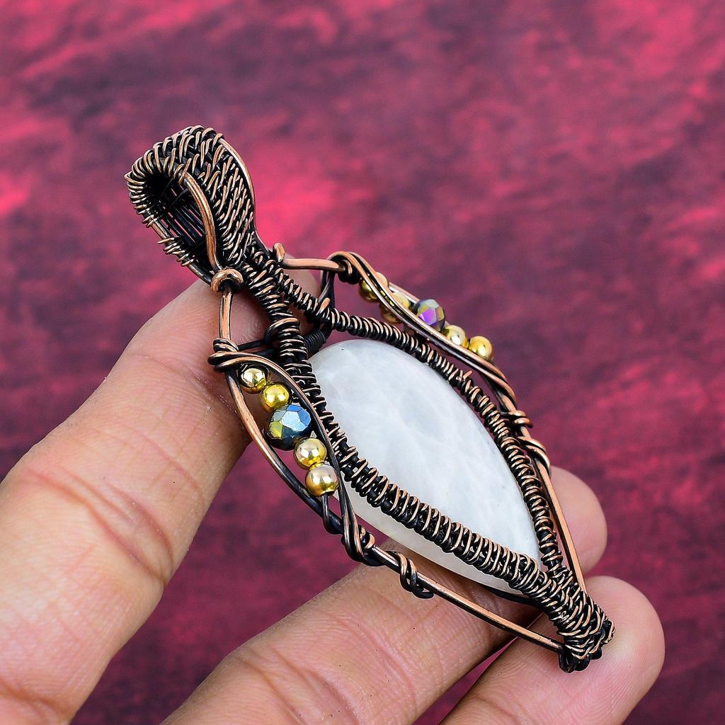 Rainbow Moonstone Gemstone Pendant Copper Wire Wrapped Jewelry Handmade Pendant