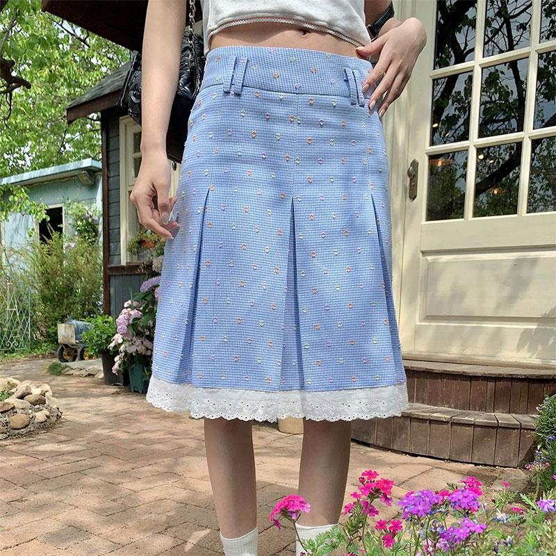 

Women s Blue Plaid Floral Embroidered Lace Trim A-Line Mini Skirt S синий