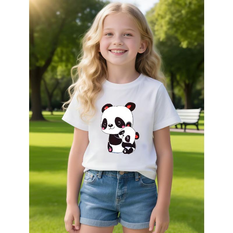 European Sizes Adorable Cartoon Panda Hugging a Little Girl T-Shirt - a Casual Round-Neck Short-Sleeve Top Designed Specifically for Young
