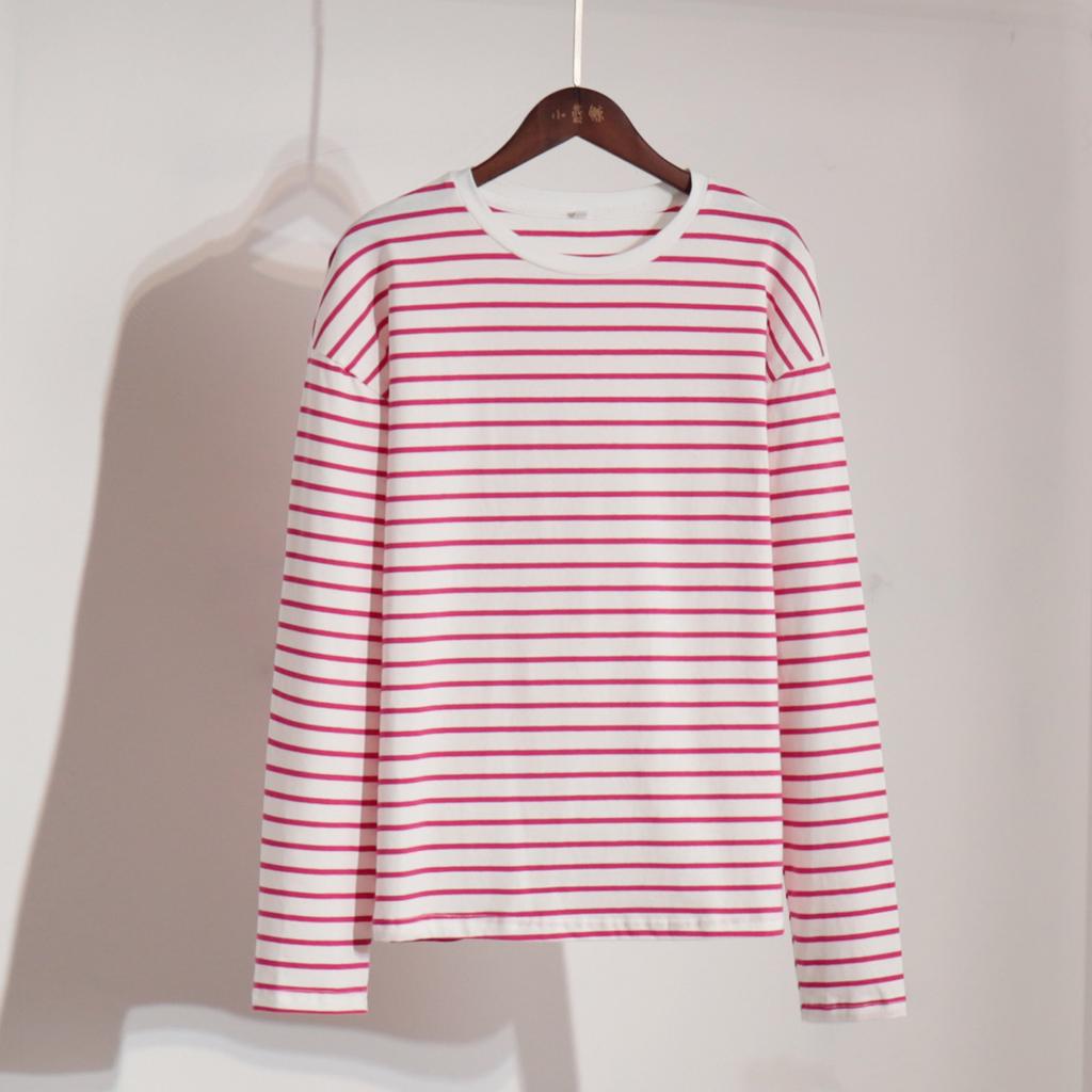 Long Sleeved Striped T-shirt Casual Round Neck Pure Cotton Striped T-shirt