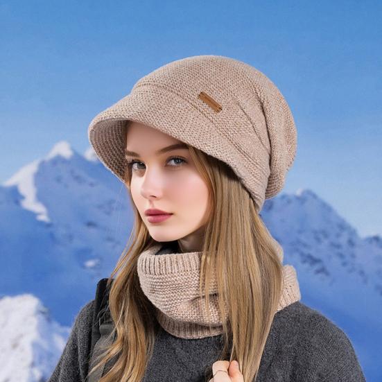 2Pcs/Set Women Winter Hat Scarf Set Solid Color Elastic Thickened Ear Protection Knitting Hat