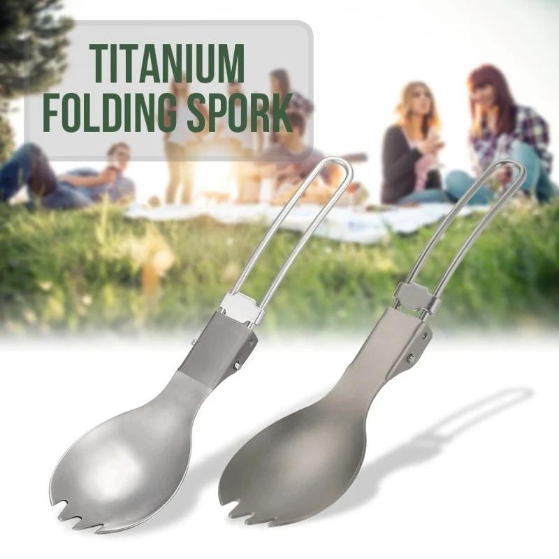 Lixada Half Polished Titanium Folding Spork Lightweight Outdoor Dinner Spork Flatware for Travel Camping Backpacking