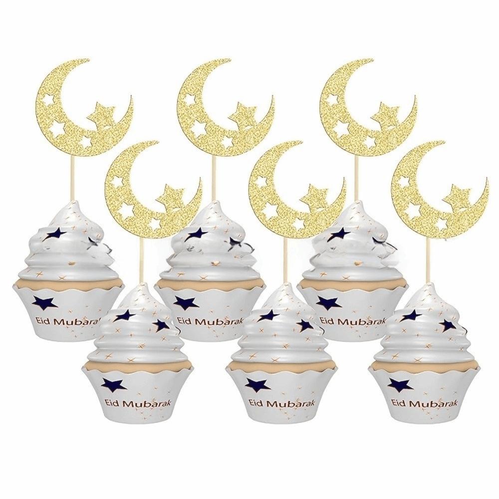 

24PCS Decorative Cake Decorative Toppers Eid Mubarak Glitter Gold Cupcake Topper Ramadan Mubarak Cake Decor Party Celebrations