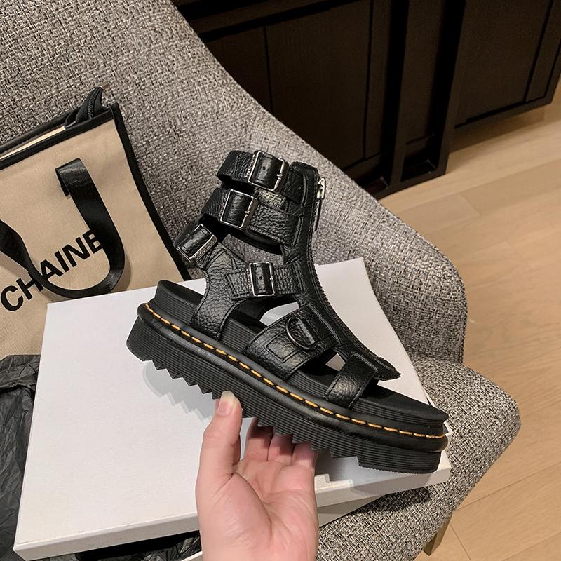 Summer Roman Sandals Fashion Street Black Women's Sandal Gladiator Women Genuine Leather Round Toe Buckle Platform Women's Shoes