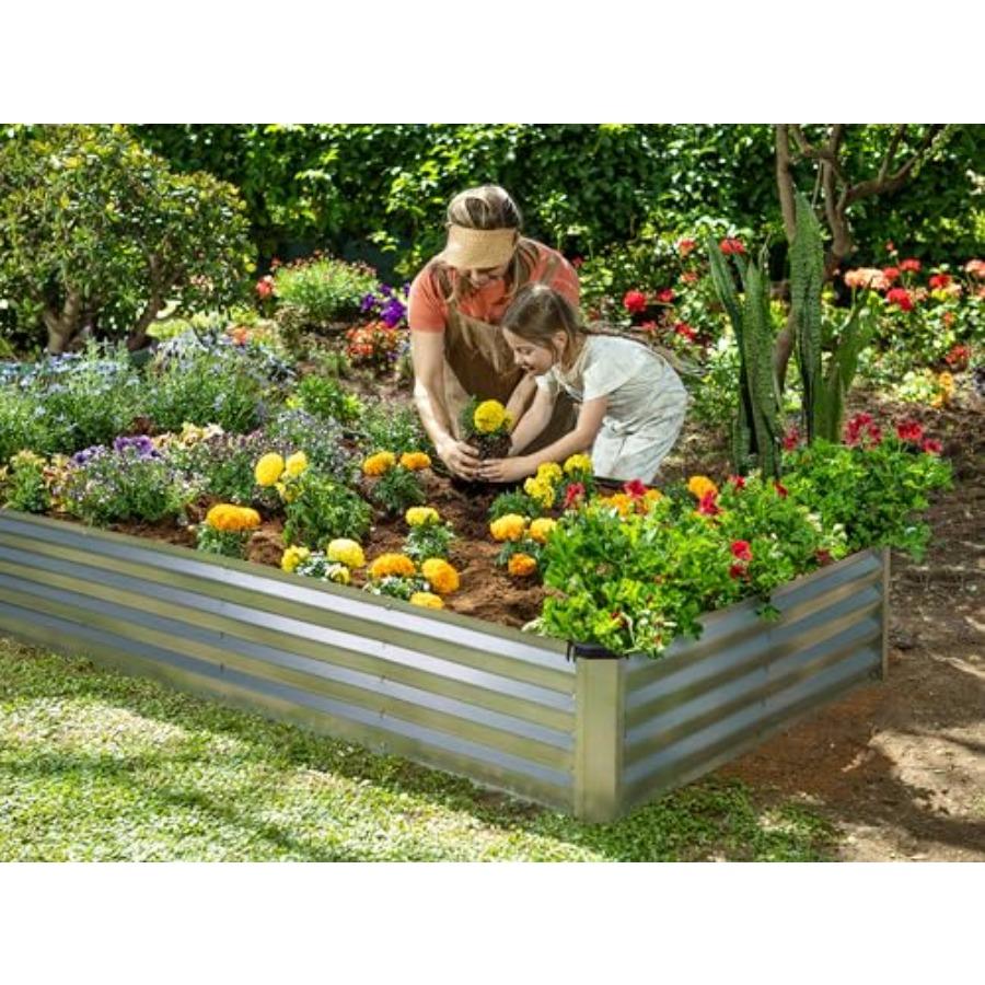 Galvanized Raised Garden Beds Outdoor 8×4×1 Ft Planter for Vegetables Flowers Silver Large Metal Garden Box Patented Tool-Free