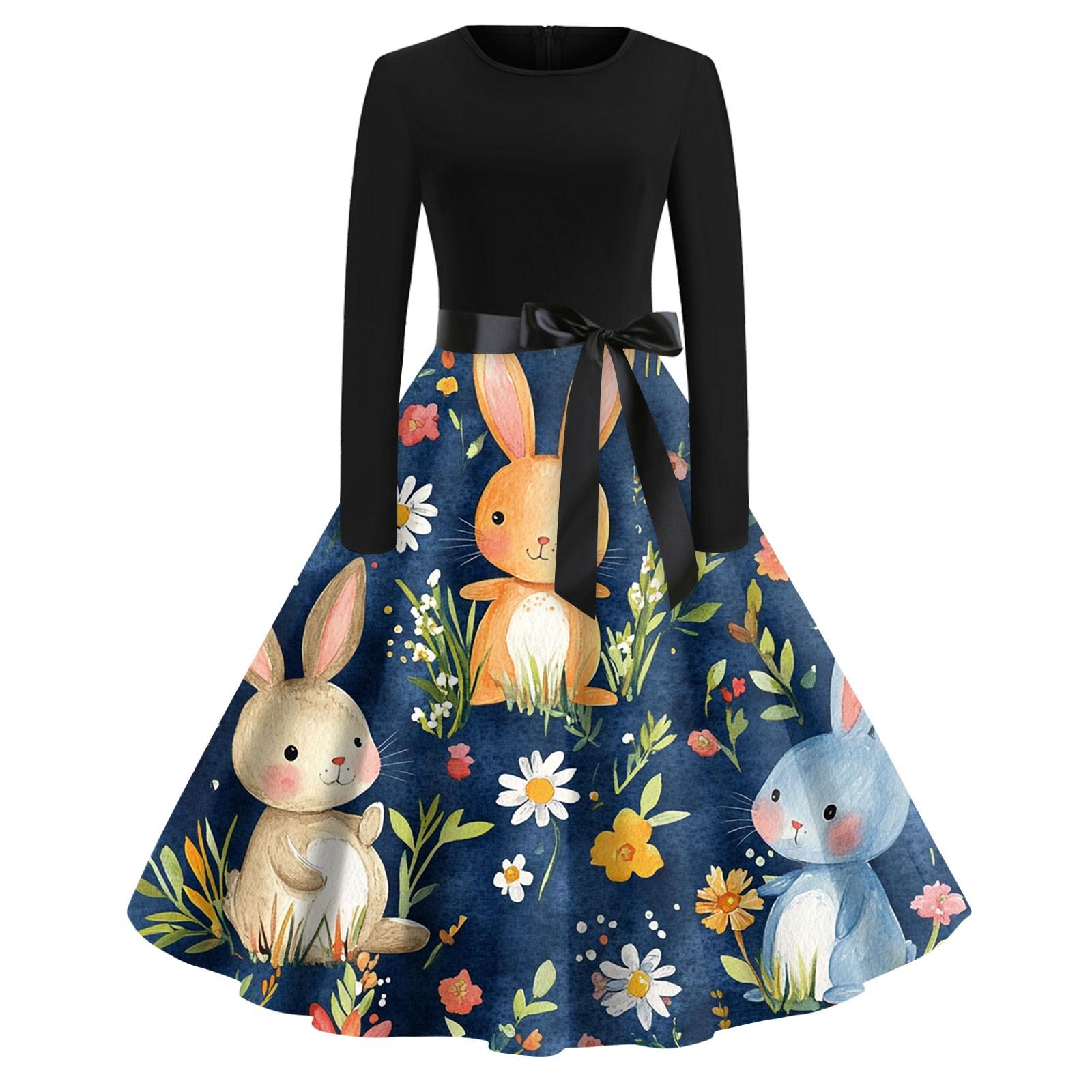 

Женские платья модные повседневные облегающие платья с круглым вырезом и принтом на Пасху с длинным рукавом M