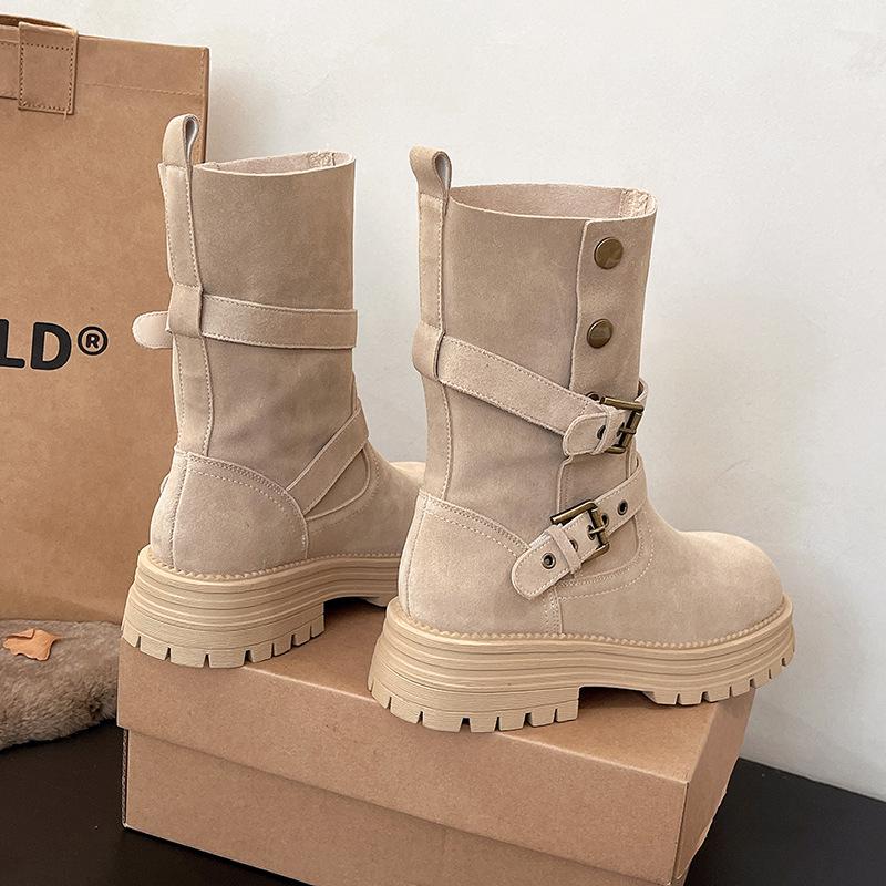 2025 autumn new retro wind matte leather rivet belt buckle two wear medium boots women's thick heel thick sole Martin boots