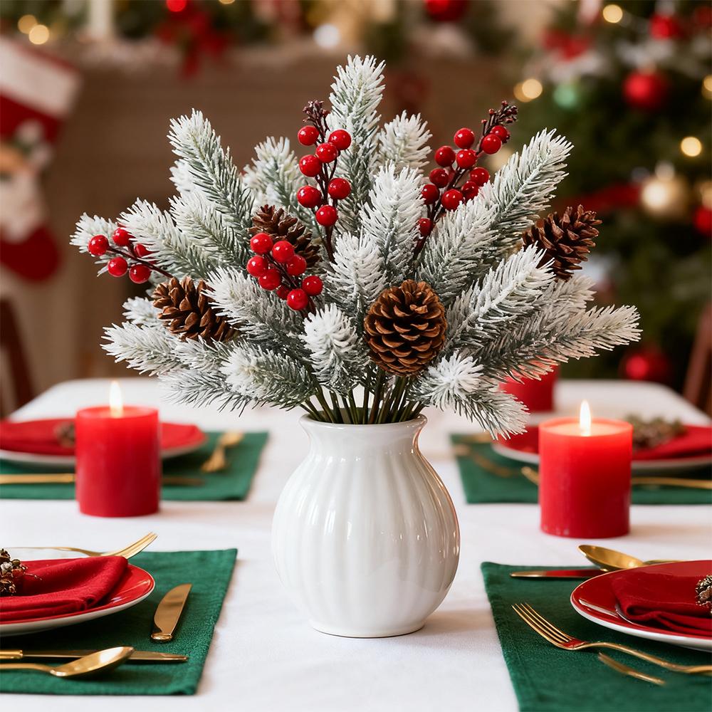 2PCS Plastic Holly Berry Pine Needles Branches with Pine Cones Artificial Flowers for Christmas Holiday Winter Table Decorations